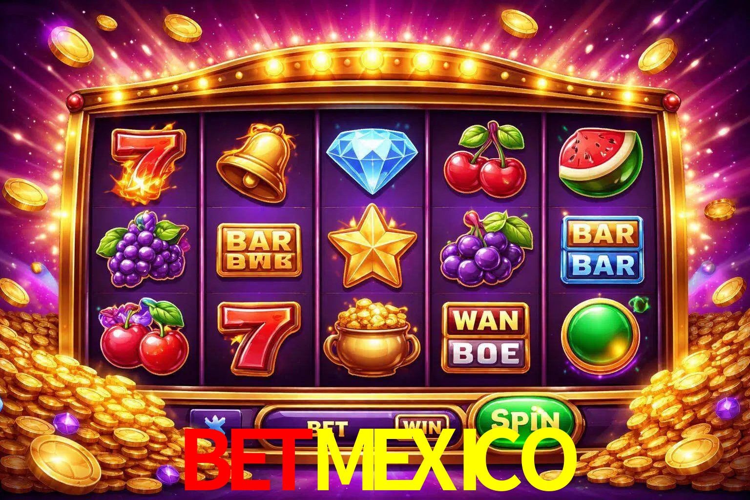Una interfaz colorida de tragamonedas en línea con símbolos brillantes, monedas y un efecto de victoria celebratoria en BETMEXICO.