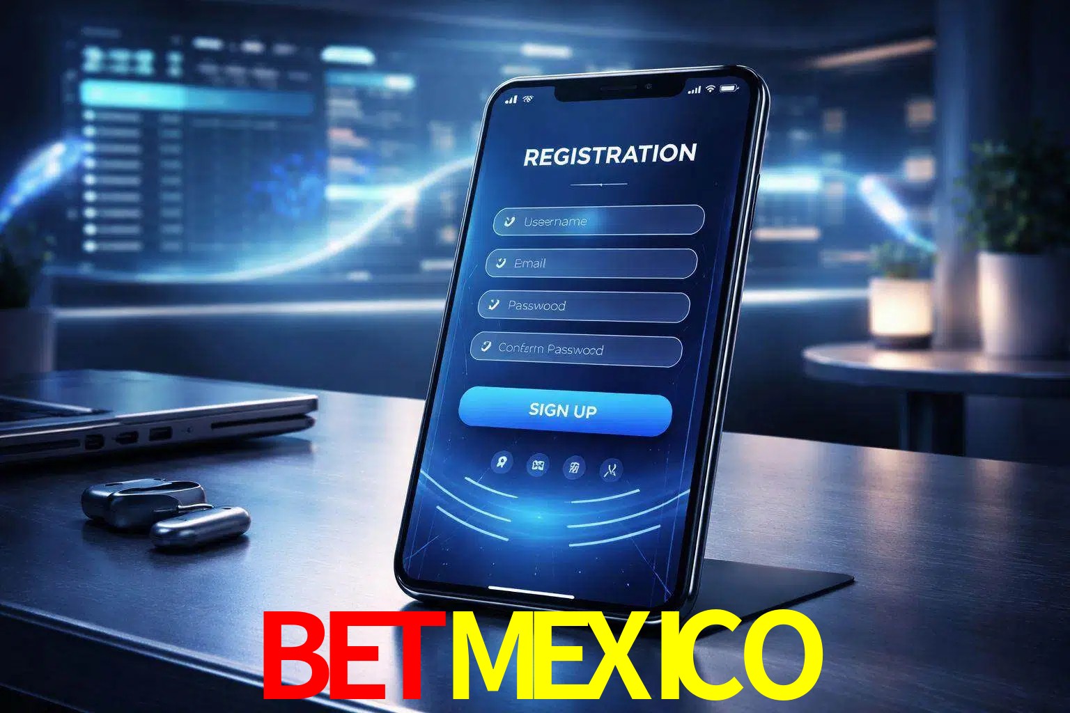Una interfaz moderna de registro móvil para BETMEXICO mostrada en un smartphone con un panel de apuestas elegante.